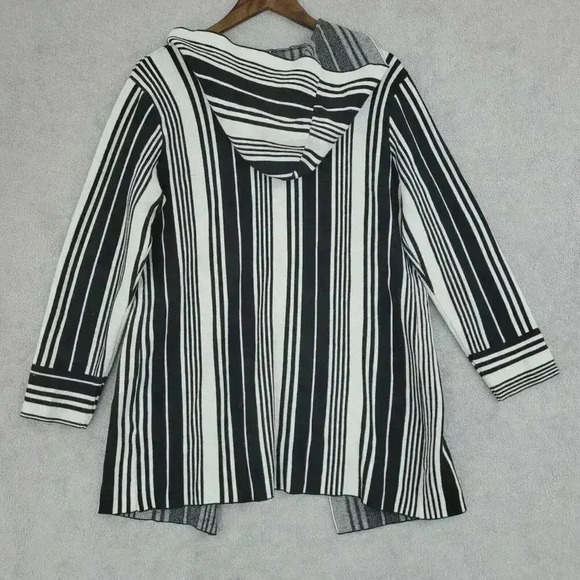 Sioni Women's L Black & White Striped Hooded Open front Cardigan Sweater   29PT - Picture 2 of 8